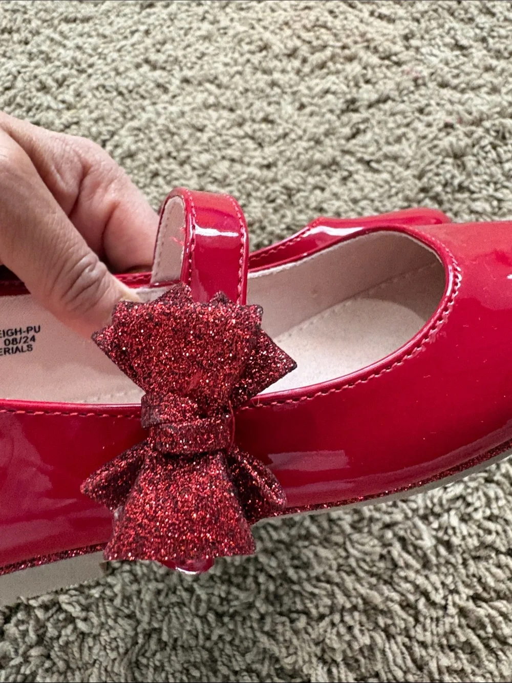 Nordstrom Girls Red Patent Mary Jane with Glitter Bow Accent